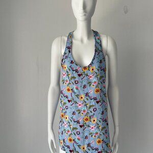 AQUA Floral Stripe Sleeveless Tank Top Blue Multicolor Size M
